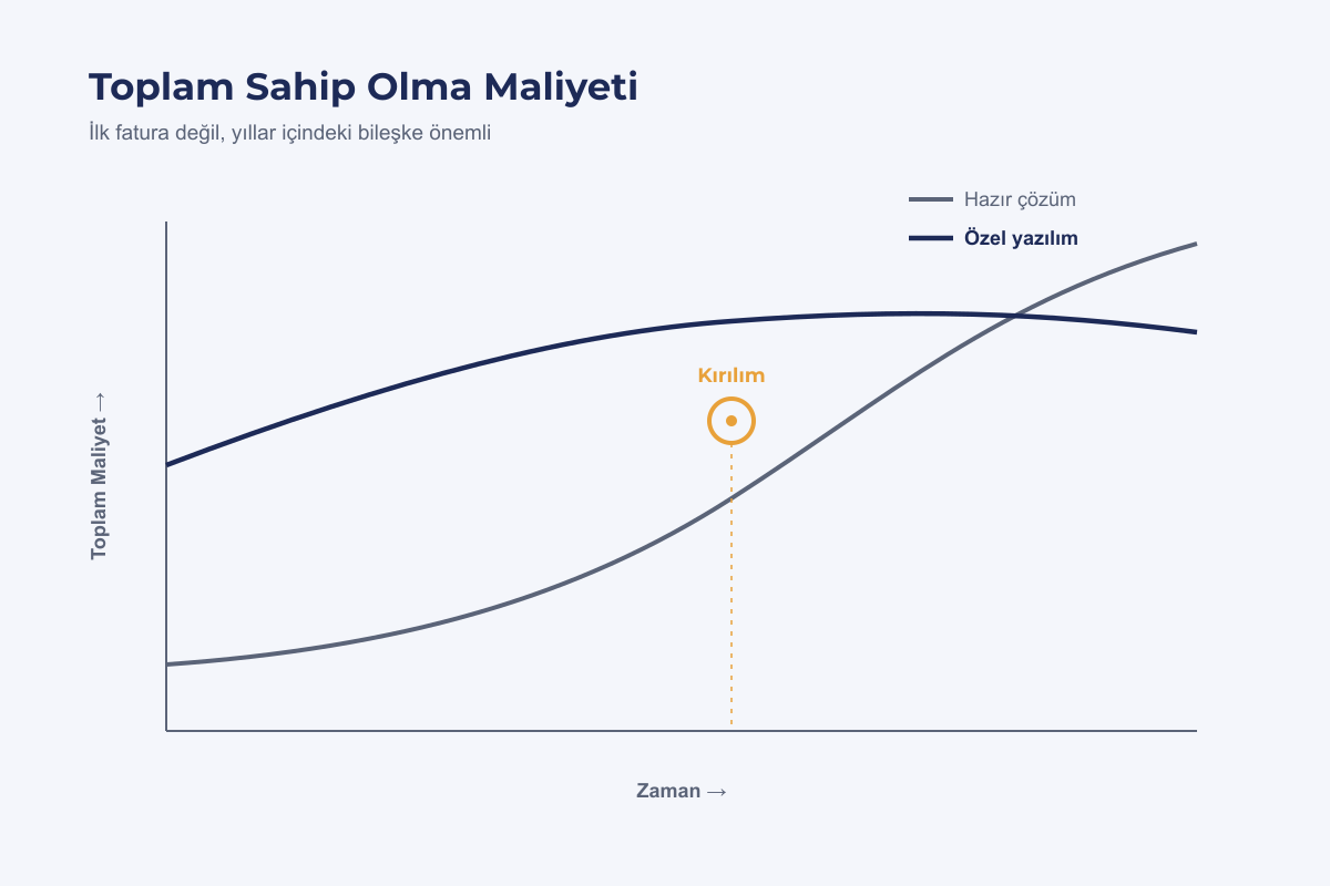 Hazır çözüm ve özel yazılım maliyet eğrileri karşılaştırması