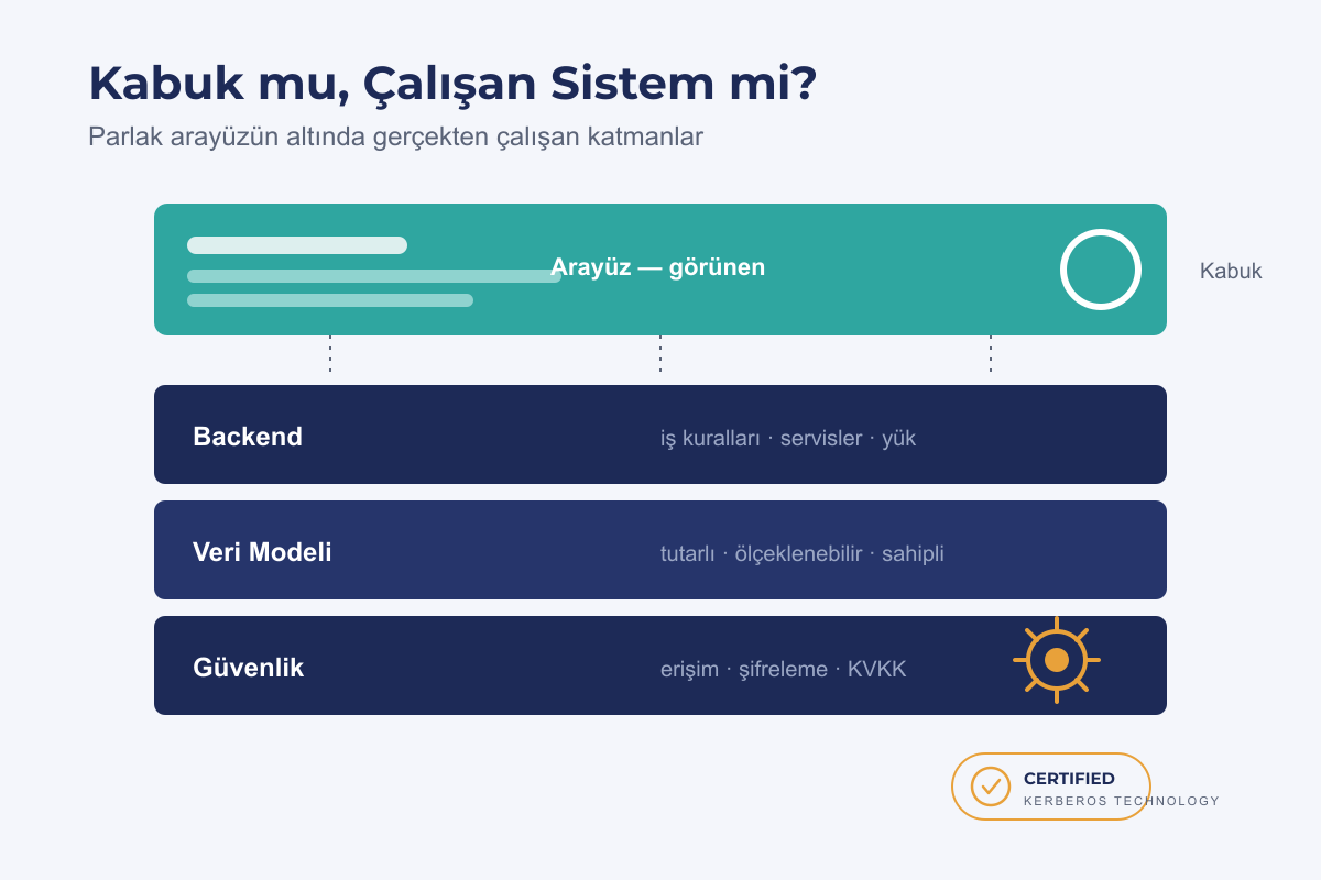 Arayüz kabuğu ve altındaki backend katmanlarının kesiti